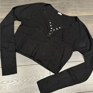 GARAGE BLACK RIB KNIT HALF BUTTON UP CROPPED LONG SLEEVE TOP